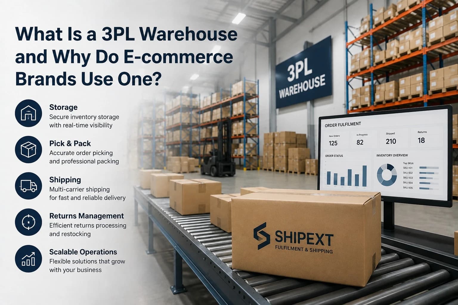 "What Is a 3PL Warehouse and Why Do E-commerce Brands Use One?" graphic listing five services — Storage, Pick & Pack, Shipping, Returns Management, Scalable Operations — over a warehouse photo with a '3PL Warehouse' sign, a Shipext-branded box on a conveyor, and an order-fulfilment dashboard screen.
